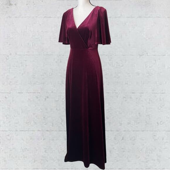 Ever Pretty V Neck Velvet Maxi Dress Flutter Sleeves Burgundy Bridesmaid Size M - Picture 5 of 14